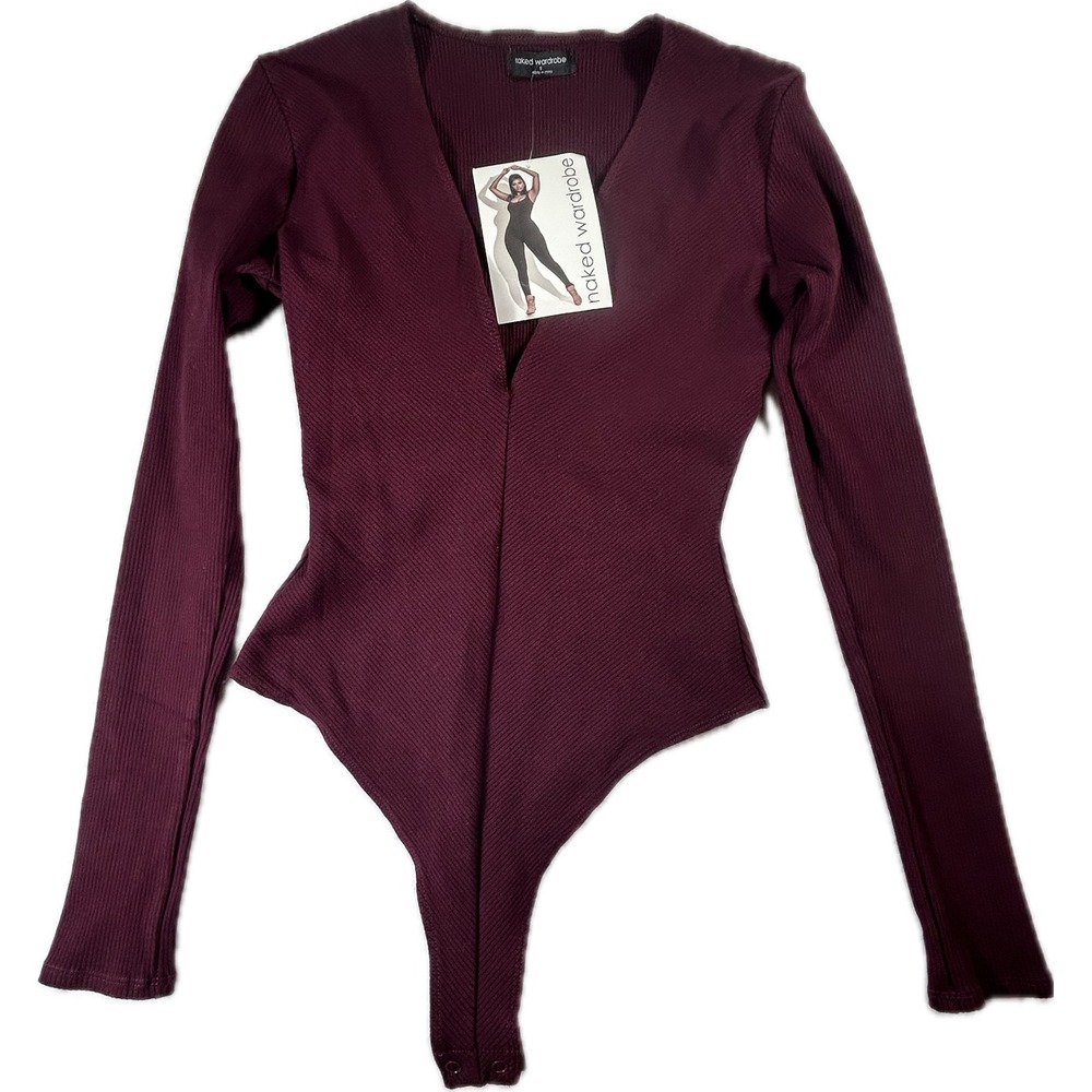Naked Wardrobe Wine Ribbed Long Sleeve V-Neck Bodysuit NW-B2142 Small NEW